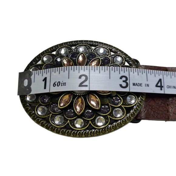Brown Floral Faux Leather Belt with Ornate Rhinestone Flower Buckle - Picture 8 of 10